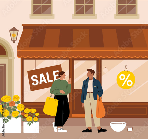 An engaging scene depicting two shoppers conversing outside a boutique store during a sale, highlighting consumer culture and social interactions.