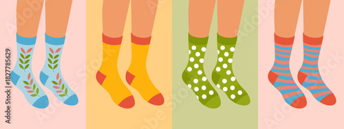 A delightful display of colorful socks in various patterns, from polka dots to floral designs, capturing the essence of fun fashion and personal style.