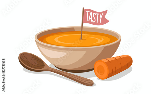A tempting illustration of a bowl of carrot soup with a flag saying 'Tasty', showcasing deliciousness and warmth perfect for food lovers and recipes.