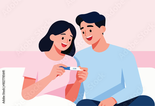 A couple, smiling, look at a pregnancy test together. The pink-toned background hints at a private setting