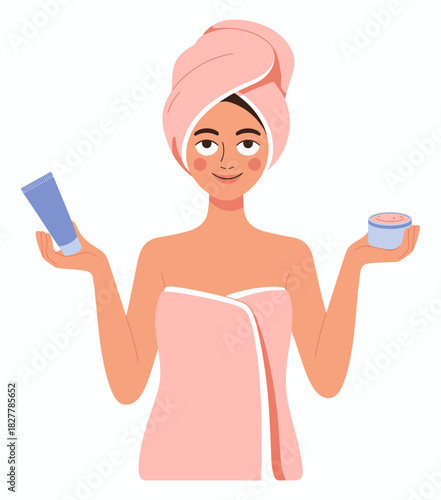 A serene woman holding beauty products in both hands, showcasing self-care and relaxation, highlighted by a calming atmosphere and attractive presentation.