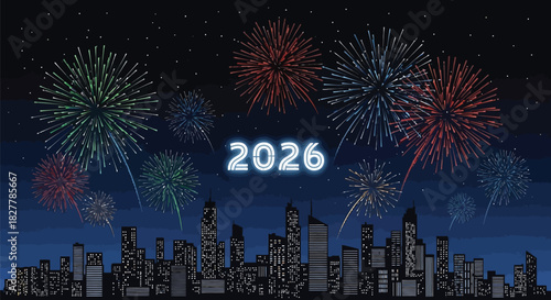 Celebrating new year 2026 with fireworks over the city skyline at night time