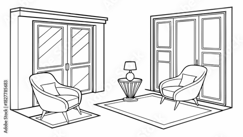 Minimalist line art illustration of a cozy living room interior with armchairs, a lamp, and large windows, perfect for abstract design.