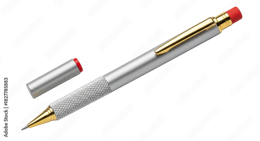 Fototapeta premium Isolated mechanical pencil with metallic barrel, pocket clip, and separate tip protector