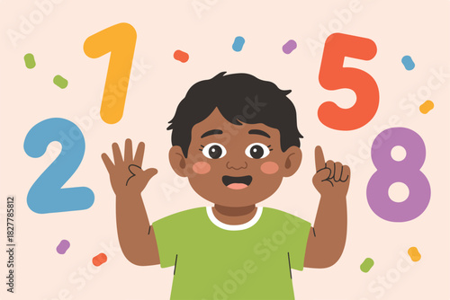 Cute cartoon illustration of a child with numbers 1, 2, 5, and 8, using fingers to show
