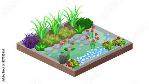 Isometric garden illustration with diverse green foliage, vibrant red and pink flowers, natural grey rocks, and decorative water.