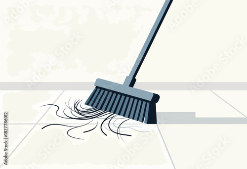 An illustration depicting a broom sweeping loose hair from a tile floor, suggesting cleaning