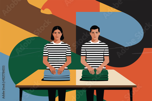 A stylized illustration depicting a man and woman folding laundry at a table, geometric colorful background