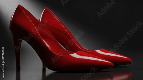 Elegant Glossy Red High Heels on Dark Background, Luxury Fashion Footwear