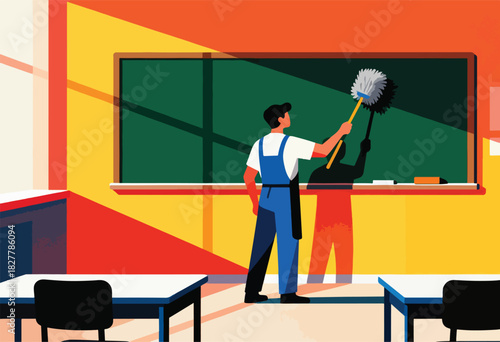 A person in blue overalls dusts a chalkboard in a classroom, their shadow mirroring the action. Colorful light