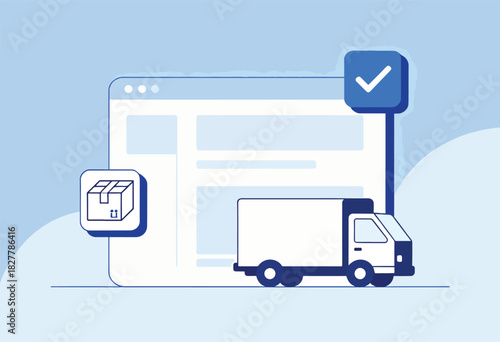 A digital delivery concept featuring a website-like interface, package icon, checkmark, and delivery truck