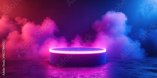Cylinder flying podium futuristic arena digital art neon glow aerial view abstract geometry