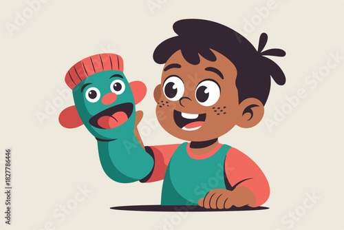 A smiling child holds a puppet, appearing cheerful against a muted background. The cartoon illustration style shows simple lines