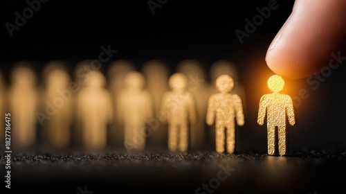 Close-up of a hand selecting a glowing miniature human figure from a line of blurred figures
