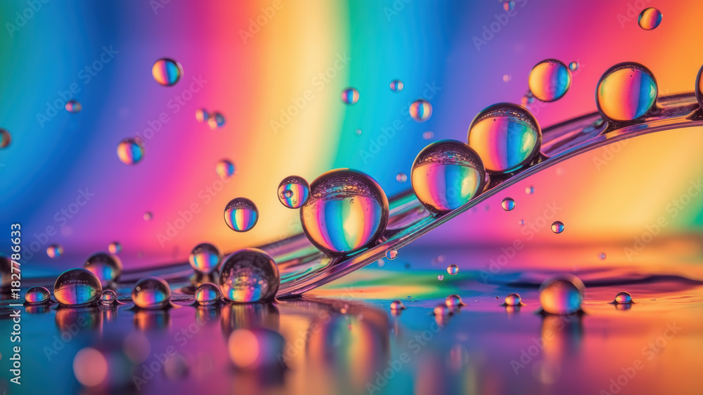 Fototapeta premium Vibrant water droplets reflect colorful light, creating mesmerizing visual effect. interplay of colors and shapes evokes sense of wonder