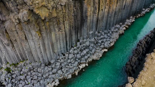 Aerial view of Studlagil Canyon, that can be found in East Iceland in the Glacier Valley called Jokuldalur. 