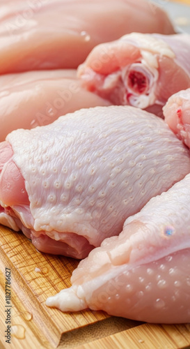 Raw chicken pieces arranged on wooden surface for culinary and food related projects