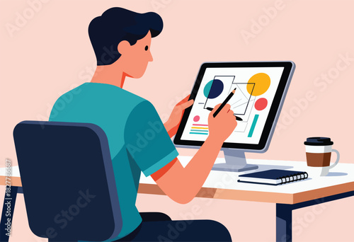 A person sketches on a screen, seated at a desk, with a coffee mug and notebook. The person faces away