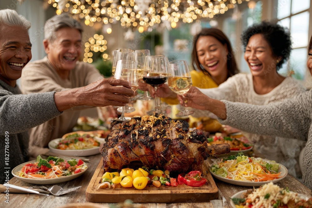 Fototapeta premium Multi-generational filipino family celebrating noche buena, centered on a roasted ham with everyone smiling and cheering while clinking wine glasses over a lavish dinner table