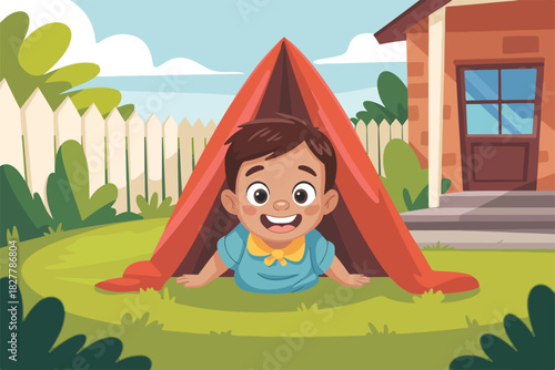 A smiling child in a blue shirt emerges from a red tent in a yard with a picket fence, house, & blue sky