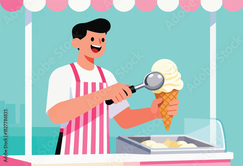 A smiling ice cream vendor scoops ice cream into a cone at a pastel-colored ice cream stand