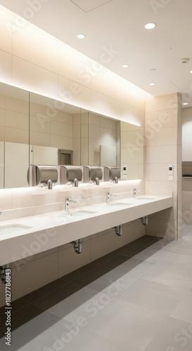 Modern public restroom with sinks mirrors and bright overhead lighting interior design