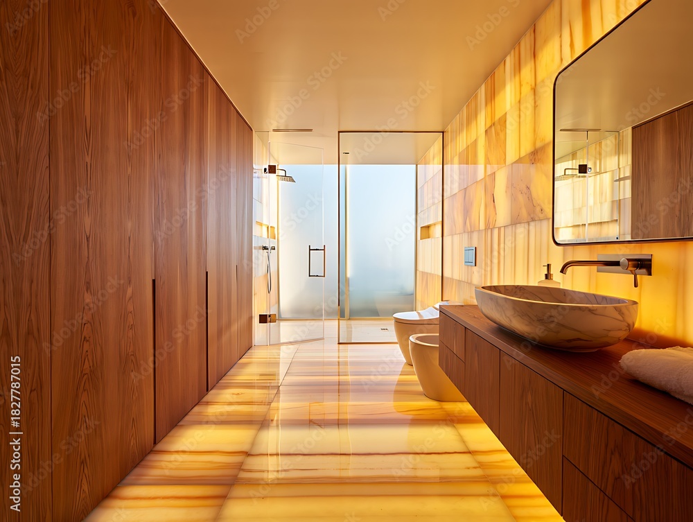 Fototapeta premium A luxurious modern bathroom featuring a sleek smart toilet with advanced bidet functions, marble flooring, elegant lighting, and spa-inspired ambiance designed for ultimate comfort, style.