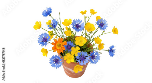 Wallpaper Mural Isolated vibrant wildflower bouquet in a clay pot, with cornflowers, buttercups, and daisy Torontodigital.ca