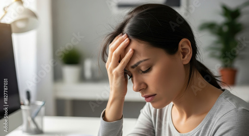 Woman with headache touching forehead indoors near computer monitor