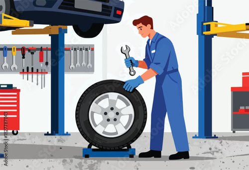 An automotive technician in blue overalls holding a wrench next to a wheel, car raised on a lift
