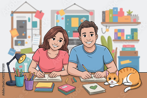 A smiling couple, writing at a desk, with a cat, a desk lamp, and a bulletin board