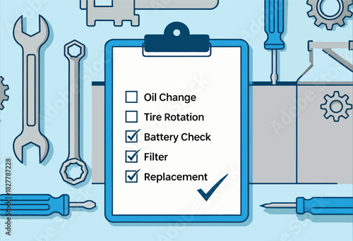 Illustration depicting a checklist for car maintenance surrounded by various tools,  with a blue background