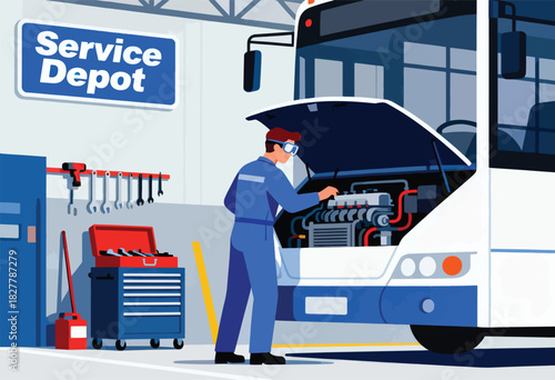 A bus mechanic in a service depot repairs a bus engine with tools. Sign reads "Service Depot." Tools and toolbox visible