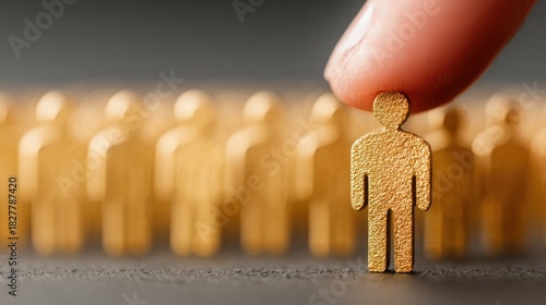 Wooden Figure Selection - A Finger Choosing a Standout Individual.