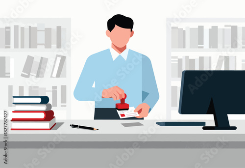 A person at a desk stamps a card, books, a computer and shelves are visible