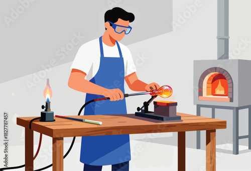 Illustration of a glassblower wearing protective gear, working with molten glass near a furnace and torch