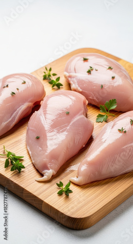 Raw chicken breasts arranged on a wooden cutting board against a white backdrop