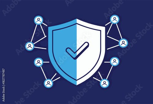 A digital security illustration featuring a shield with a checkmark, connected to user icons via lines, set on blue