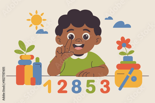 A smiling child points to their eye, accompanied by numbers and whimsical shapes, including sun, clouds
