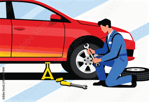 Mechanic in blue coveralls kneels beside a red car, using a wrench. A spare tire and jack are present