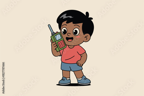 Cute cartoon illustration of a child with brown skin holding a walkie-talkie and smiling