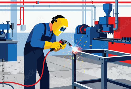 A graphic illustration shows a welder at work, using a torch to fuse metal in a factory setting