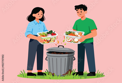 Two people, with containers of food waste, compost into a bin with dirt. Green grass below. Pink background
