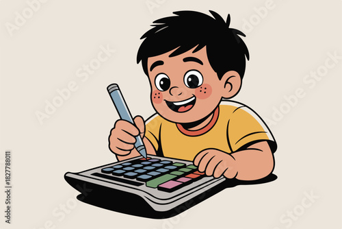 A cheerful cartoon boy uses a pen on a calculator. His bright smile and freckled cheeks show joy in math