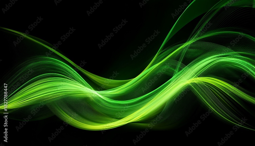 Obraz premium Neon Green Energy Flows On Black Background Abstract Wavy Background Glow Pure Eco Energy Magic Effect