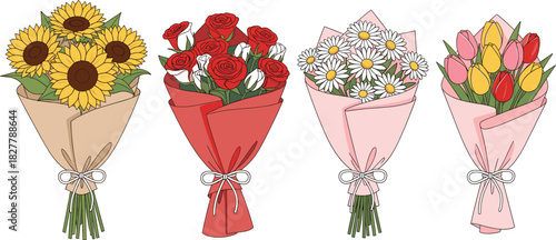 Clean Vector Flower Bouquet Set Featuring Sunflowers, Red Roses, Daisies, and Tulips Wrapped in Paper for Romance, Gift, and Decoration Illustration.