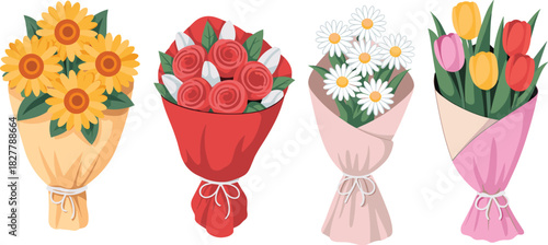 Colorful Flower Bouquet Vector Set Featuring Roses, Sunflowers, Daisies, and Tulips Wrapped in Paper for Romance, Gift, and Decoration Illustration.