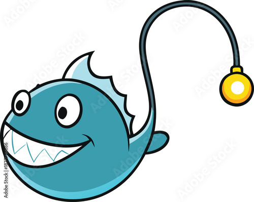 Charming teal anglerfish illustration with glowing lure for cartoon vector art