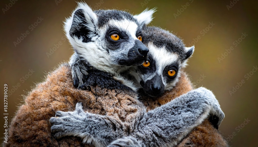 Fototapeta premium Two ring-tailed lemurs embrace affectionately, showcasing detailed fur and vibrant orange eyes against a blurred backdrop
