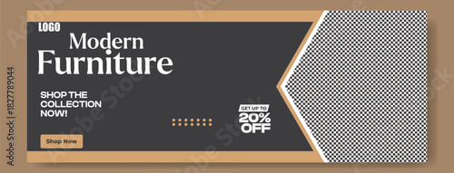 Elegant modern furniture collection advertisement with discount offer and stylish living room interior